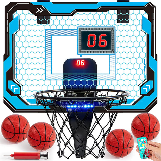 Mini Indoor Basketball Hoop Light up over the Door Basket Ball Hoop for Kids Toys Birthday Gifts with Scoreboard & 4 Balls