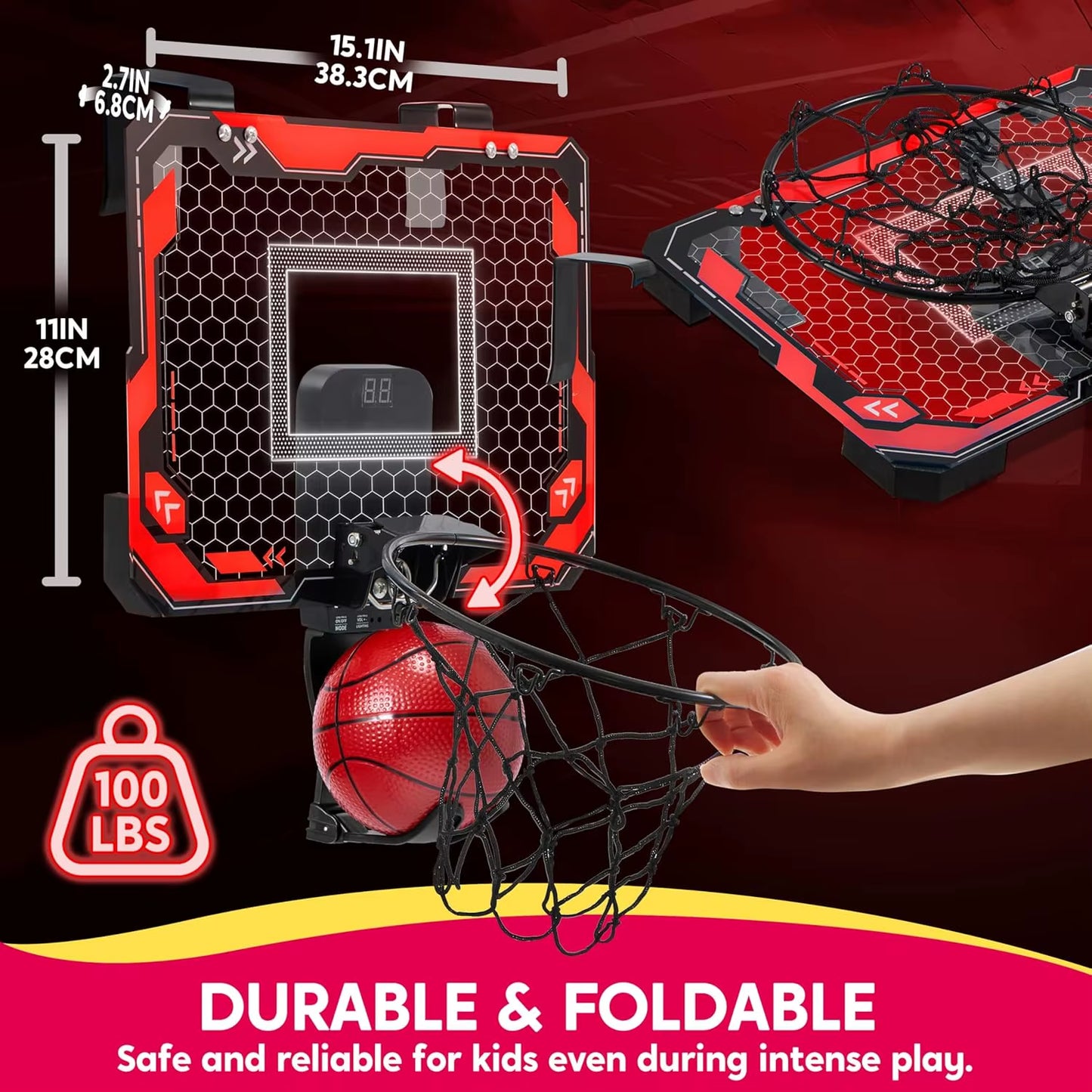 Mini Indoor Basketball Hoop Light up over the Door Basket Ball Hoop for Kids Toys Birthday Gifts with Scoreboard & 4 Balls