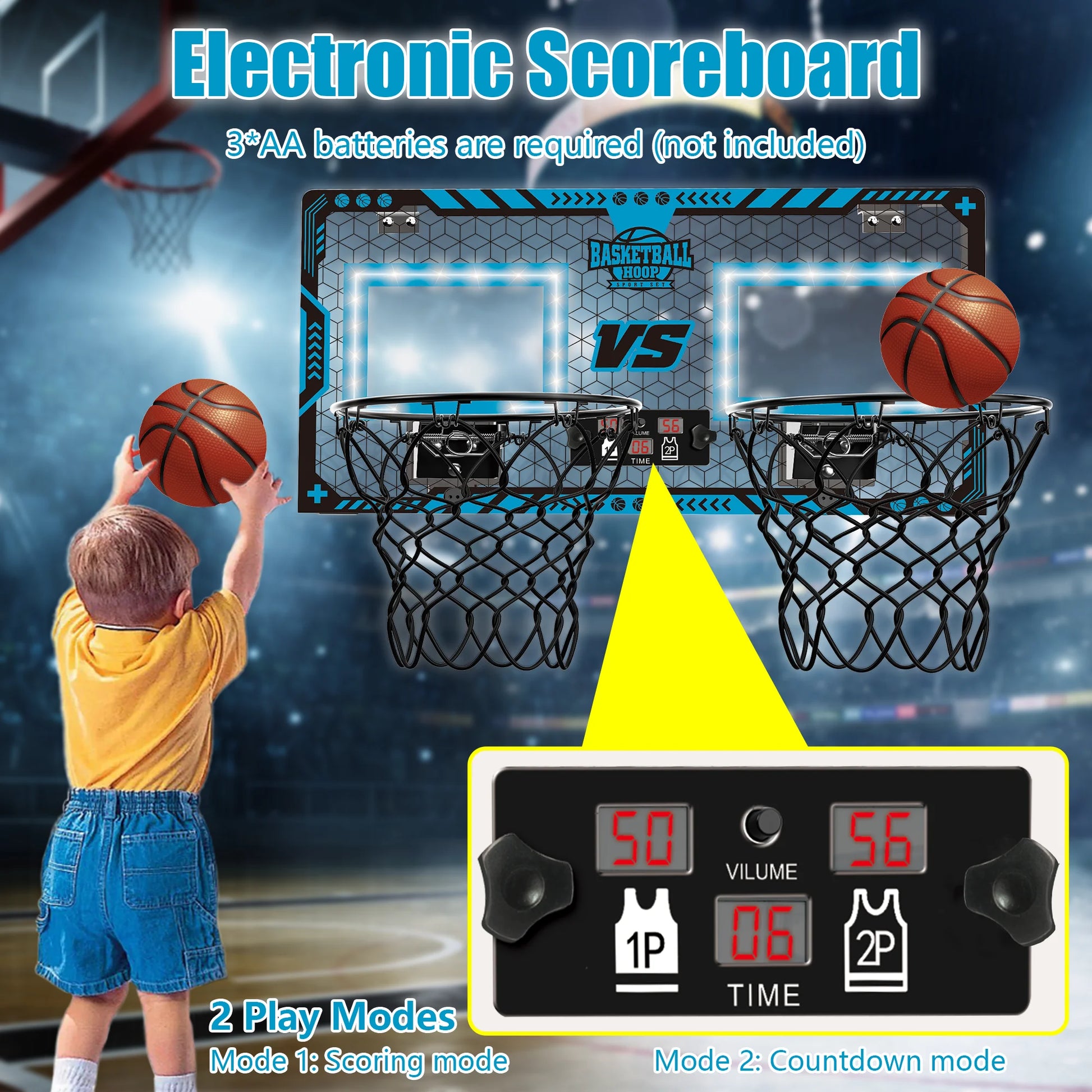 2 Player Basketball Hoop for Kids, Dual Shot over the Door Basketball Hoop Indoor with Electronic Scoreboard, Boys Toys Mini Basketball Hoop with 2 Balls