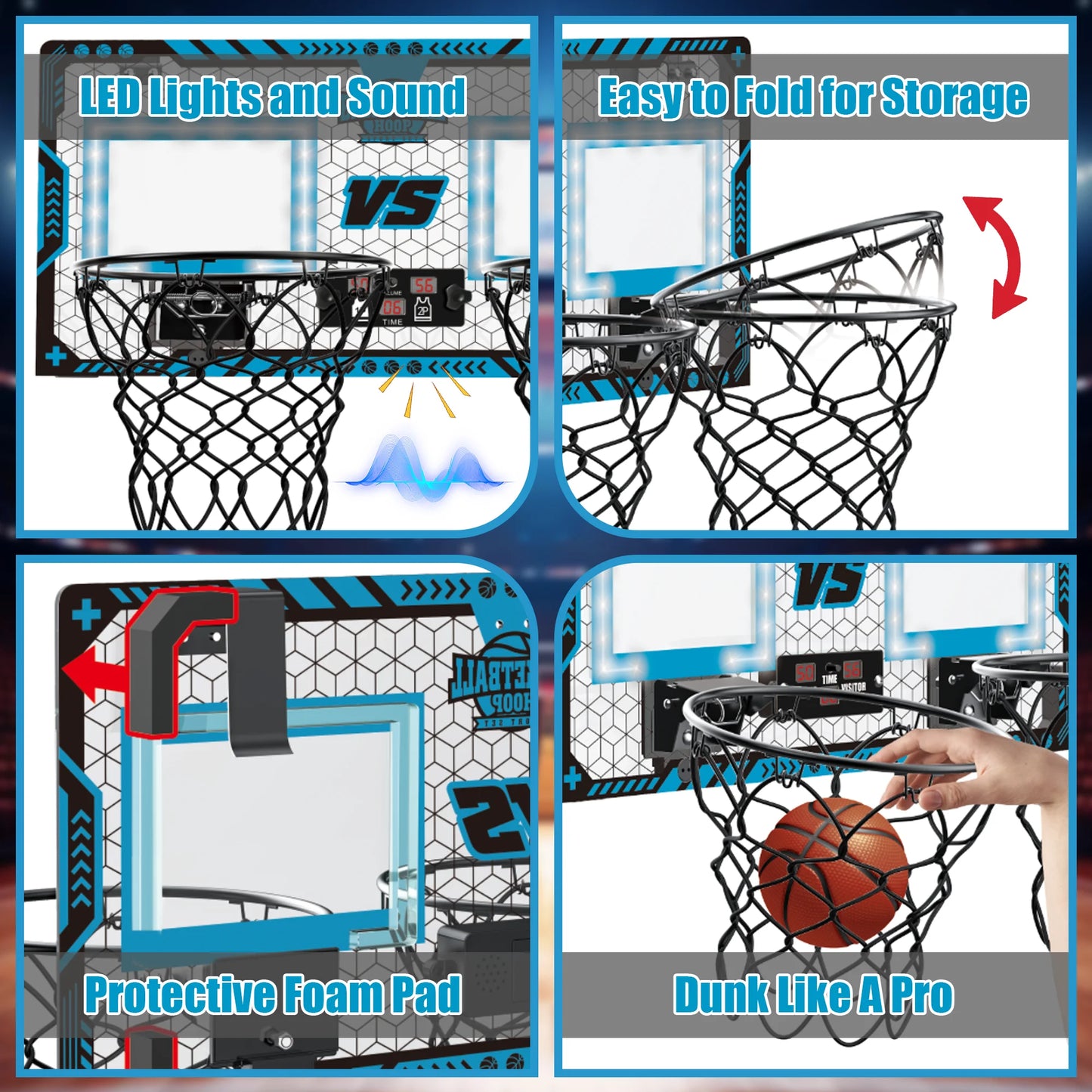 2 Player Basketball Hoop for Kids, Dual Shot over the Door Basketball Hoop Indoor with Electronic Scoreboard, Boys Toys Mini Basketball Hoop with 2 Balls