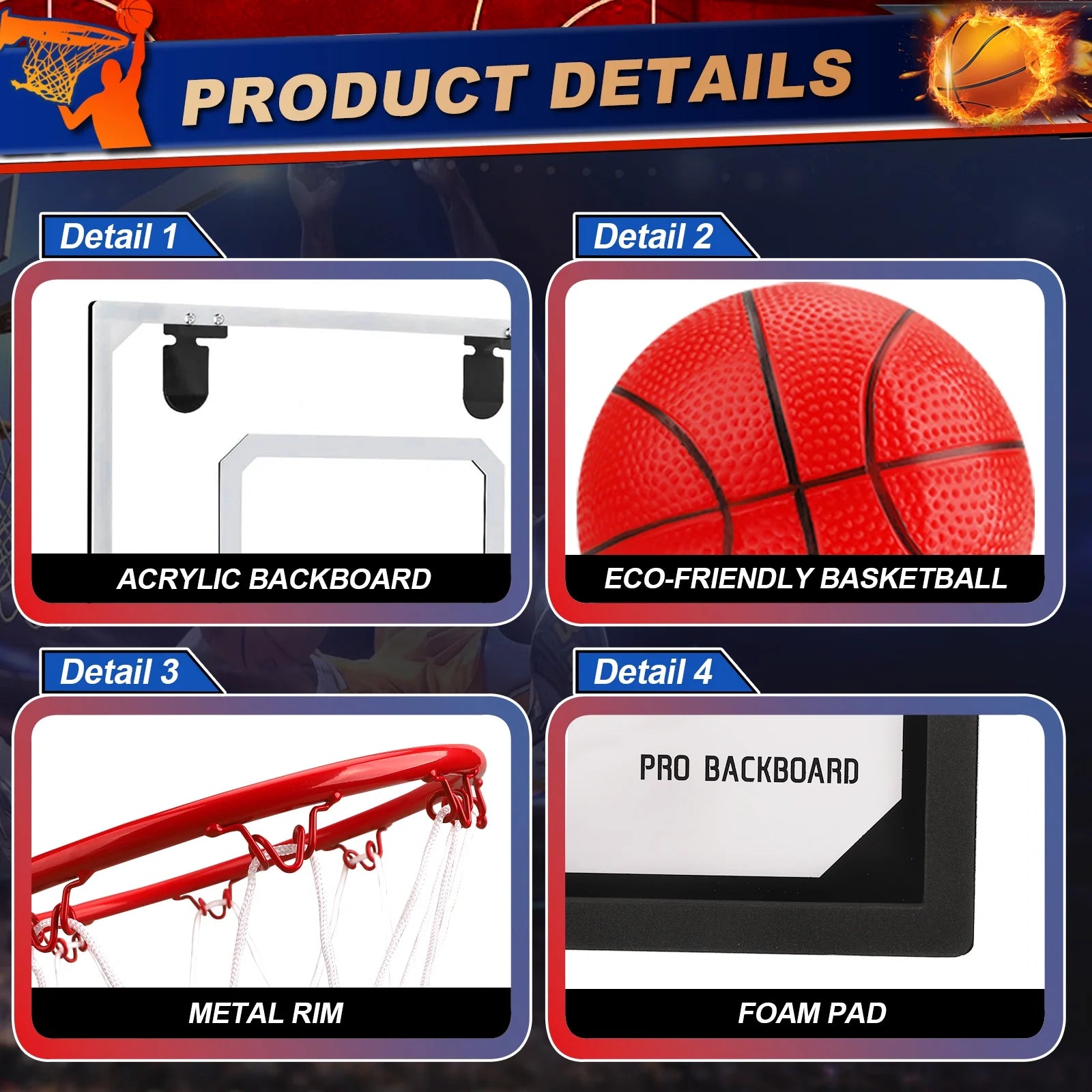 Mini Basketball Hoop for Kids Adults, over the Door Basketball Hoop with 4 Replacement Balls, Indoor Pro Basketball Hoop