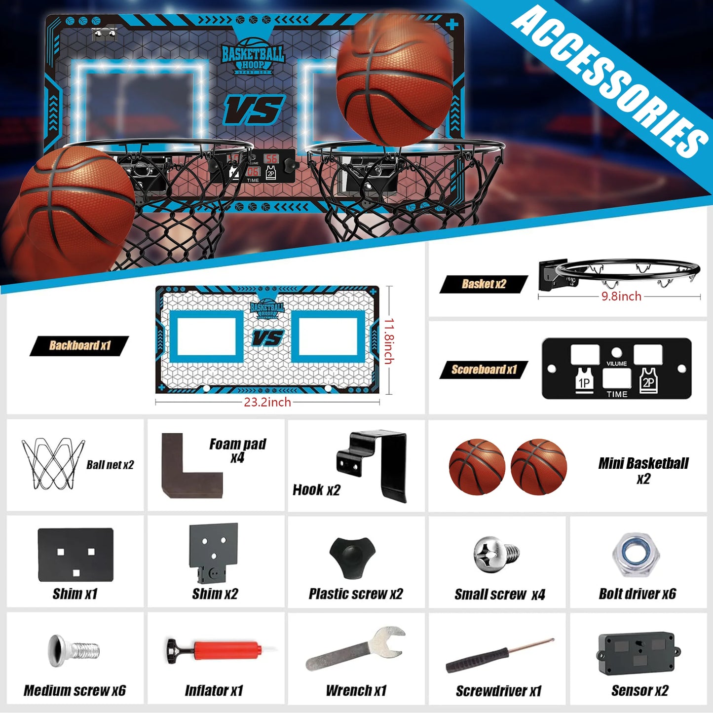 2 Player Basketball Hoop for Kids, Dual Shot over the Door Basketball Hoop Indoor with Electronic Scoreboard, Boys Toys Mini Basketball Hoop with 2 Balls