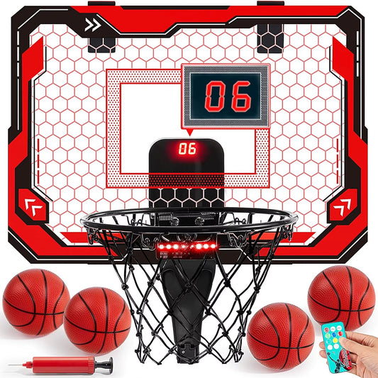 Mini Indoor Basketball Hoop Light up over the Door Basket Ball Hoop for Kids Toys Birthday Gifts with Scoreboard & 4 Balls