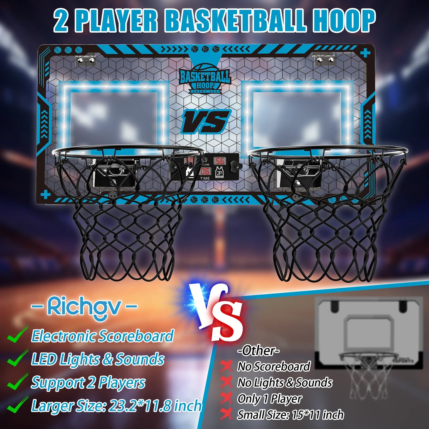 2 Player Basketball Hoop for Kids, Dual Shot over the Door Basketball Hoop Indoor with Electronic Scoreboard, Boys Toys Mini Basketball Hoop with 2 Balls